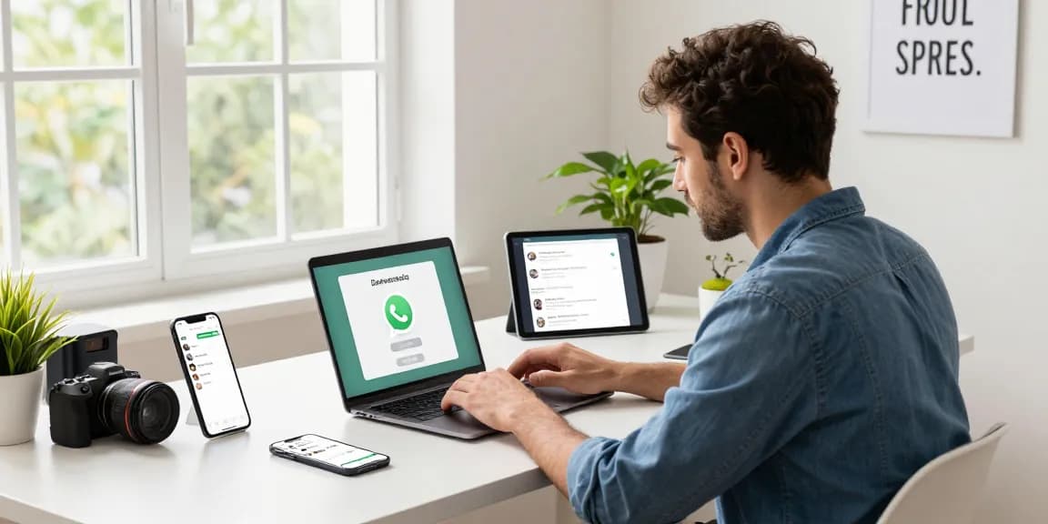 WhatsApp下載 on various devices in a bright home office.