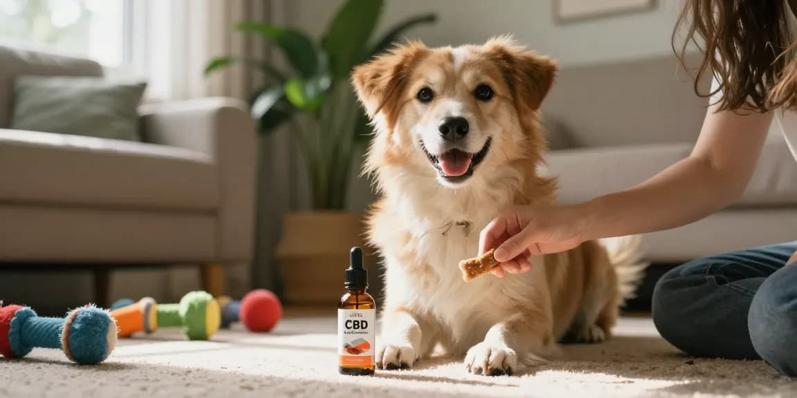 CBDNorth's organic hemp CBD oil for dogs featured alongside a cheerful dog in a cozy home setting.