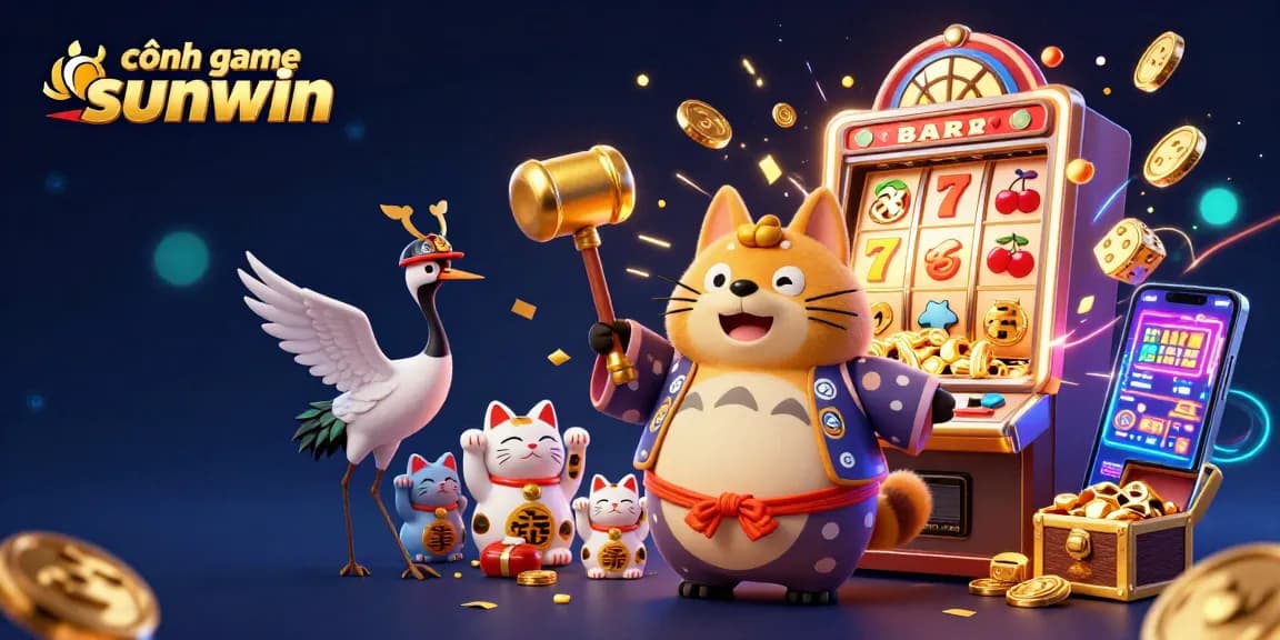 Cổng game sunwin animation featuring cheerful tanuki and lucky symbols in vibrant casino scene.