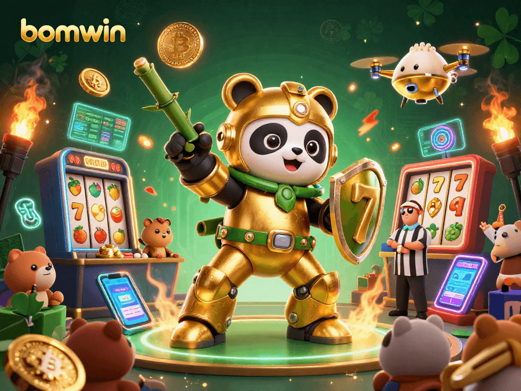 Experience thrilling gameplay with bomwin's golden panda mech in a lively casino arena.