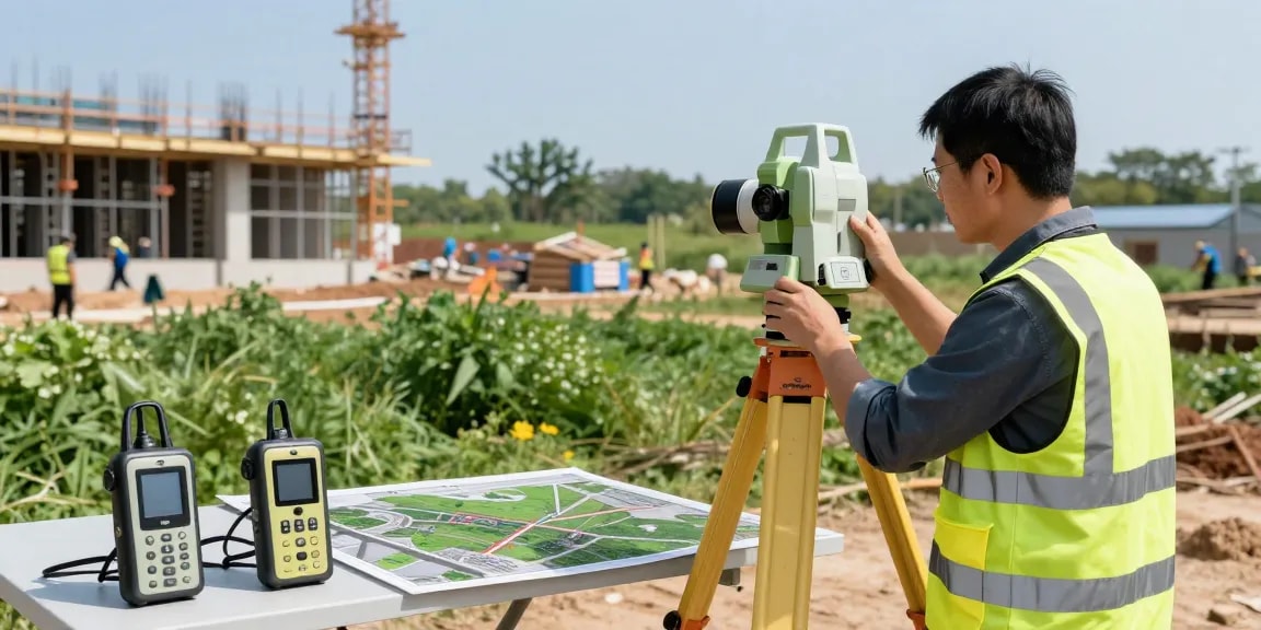 Measured building survey London using advanced surveying tools at a construction site.