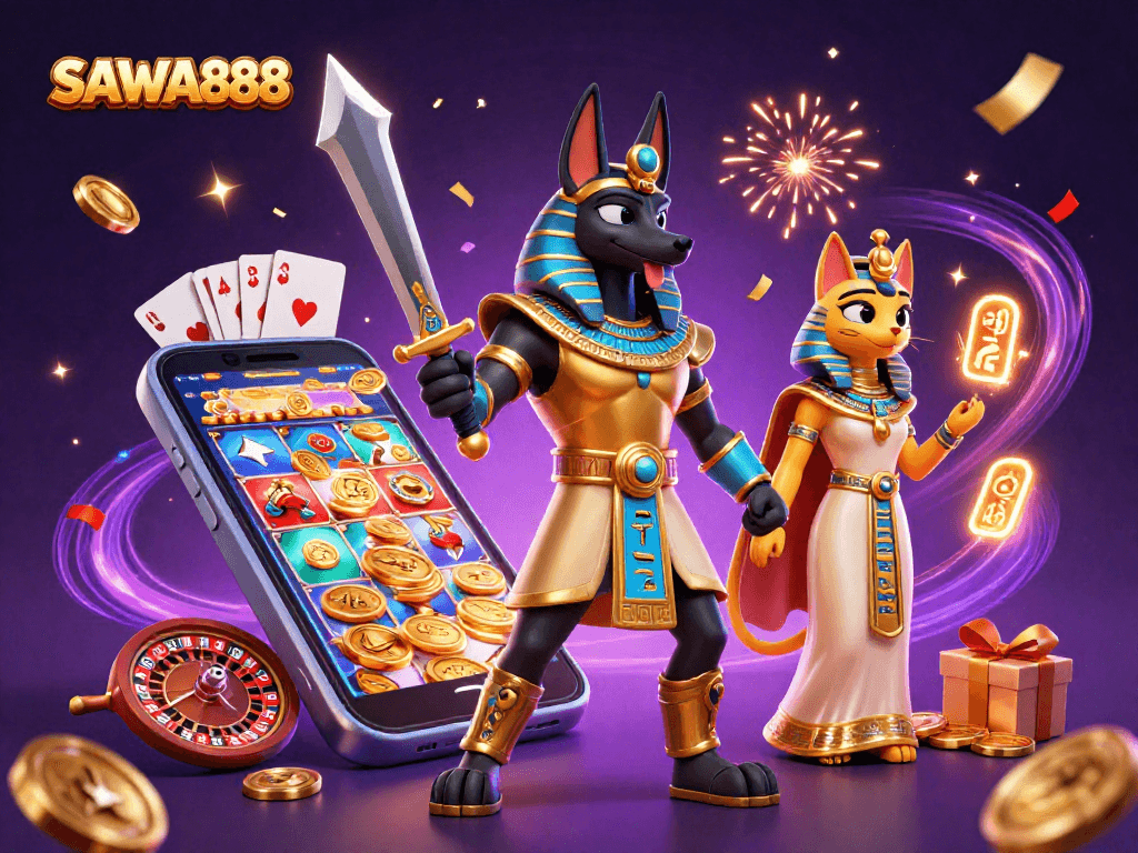 Spin the reels at SAWA888's vibrant illustration capturing epic gambling adventures with Anubis and Bastet.