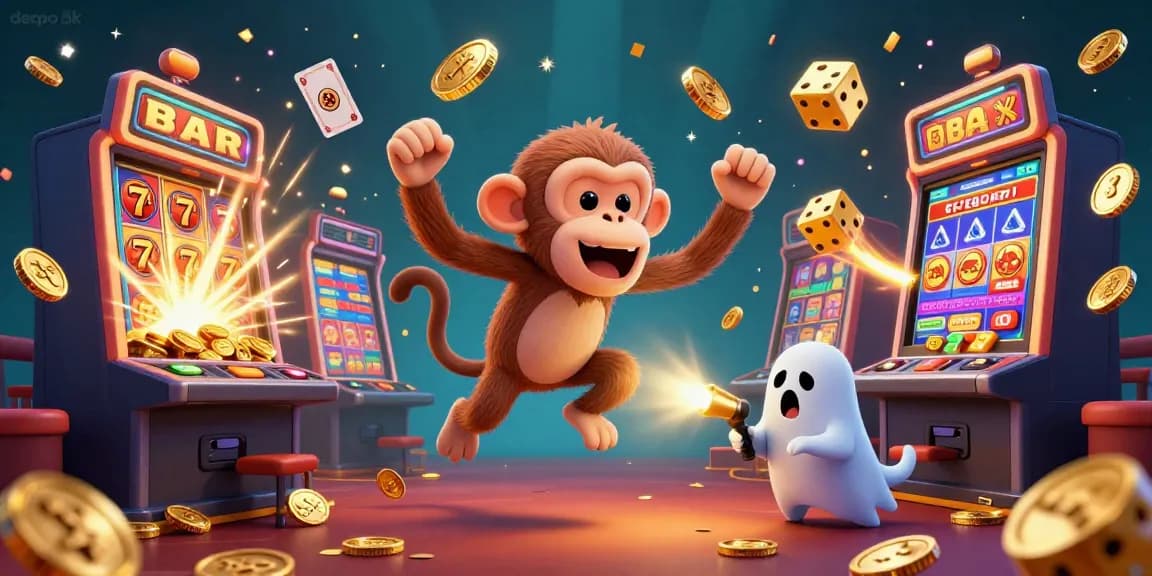 Experience the excitement of depo 5k in a vibrant casino scene with golden coins and slot machines.