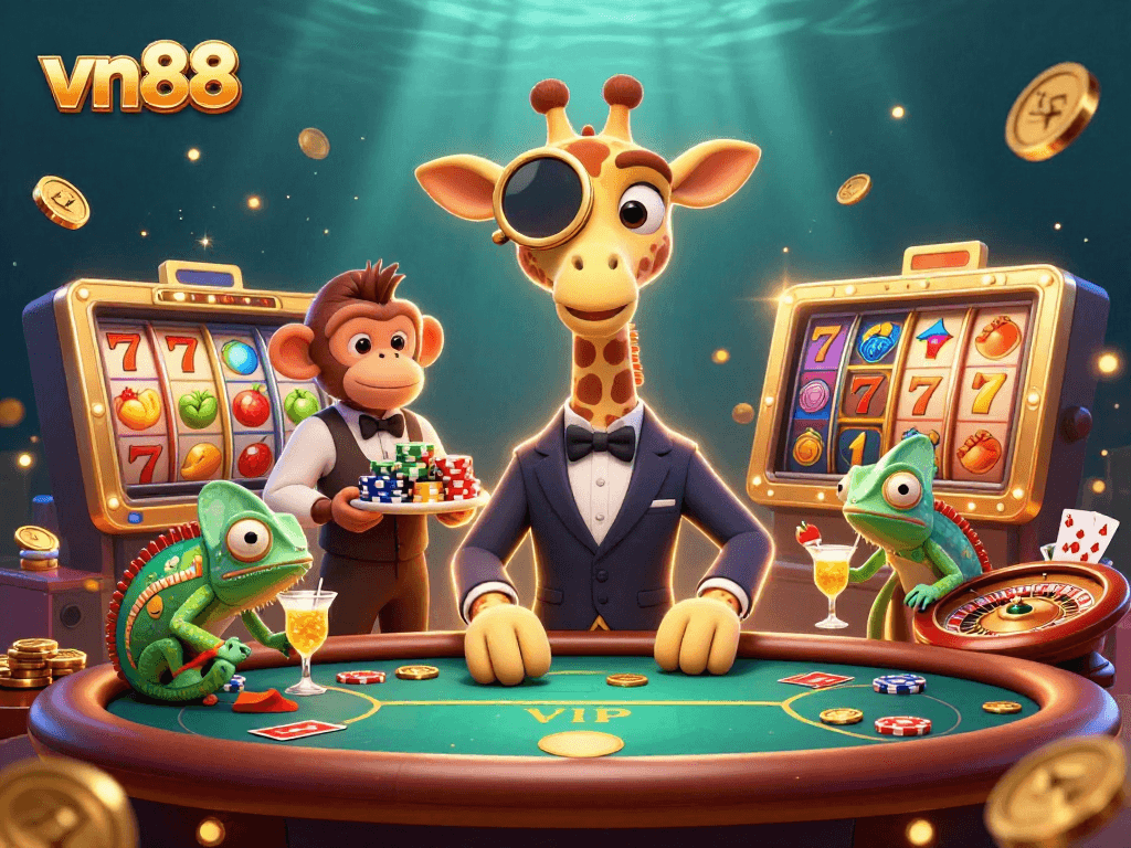 Engage in thrilling gameplay with vn88's vibrant casino scene featuring a giraffe, monkey, and chameleon.