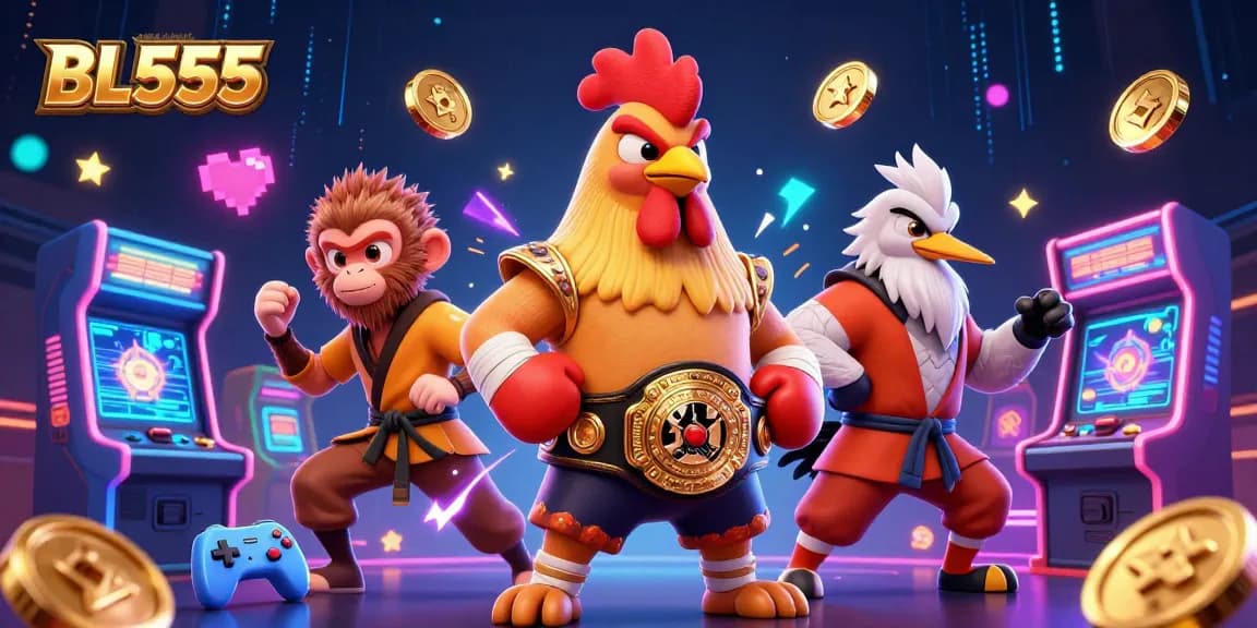 Experience thrilling gameplay at BL555 with a vibrant rooster and monkey in a lively casino scene.