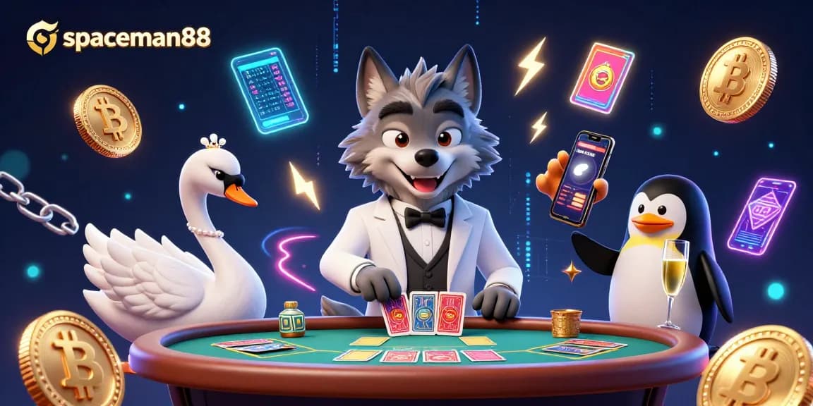Play exciting games at spaceman88 with a skillful wolf, swan, and penguin in a vibrant casino scene.