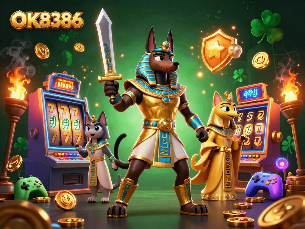 Play thrilling games at OK8386 with Anubis in a vibrant, detailed casino scene full of slot elements.