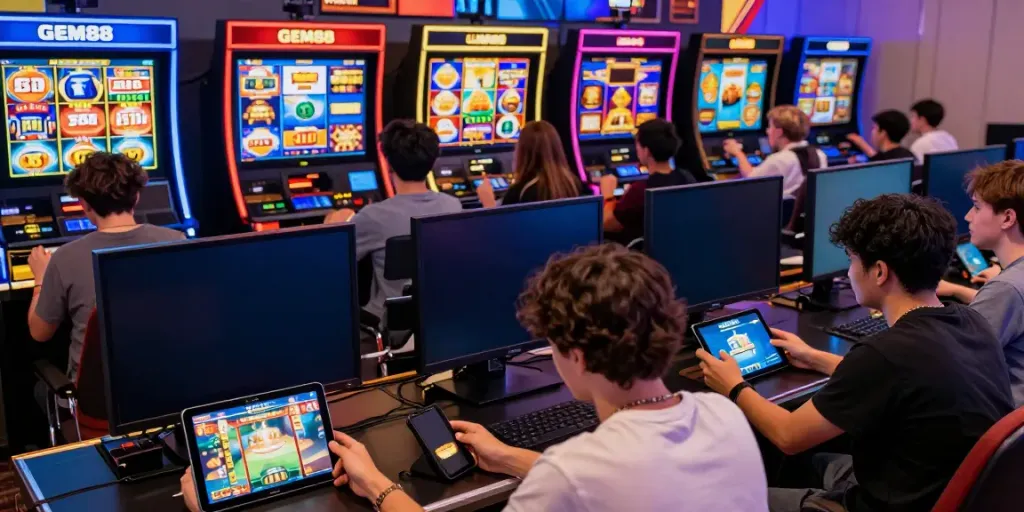 Engaged players enjoying various games on http://gem88-mobile.com platform with vibrant visuals.