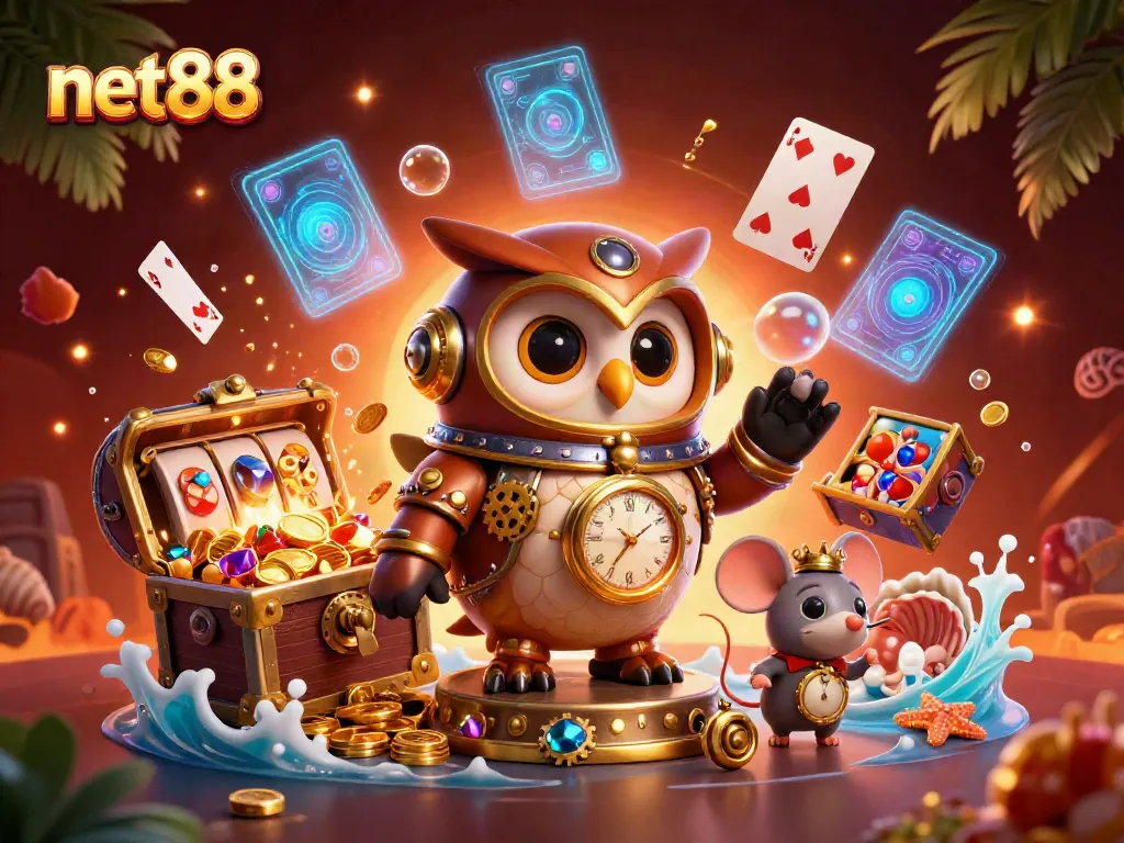 Experience the thrill of net88 with a vibrant 3D casino adventure featuring a time-traveler owl and treasure.