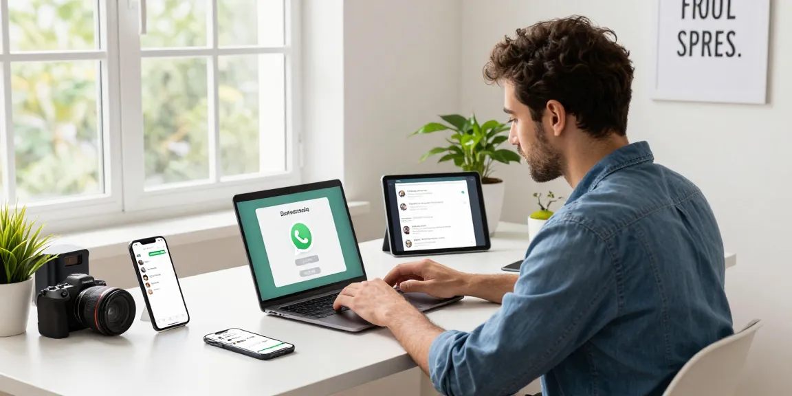 WhatsApp下載 on various devices in a bright home office.
