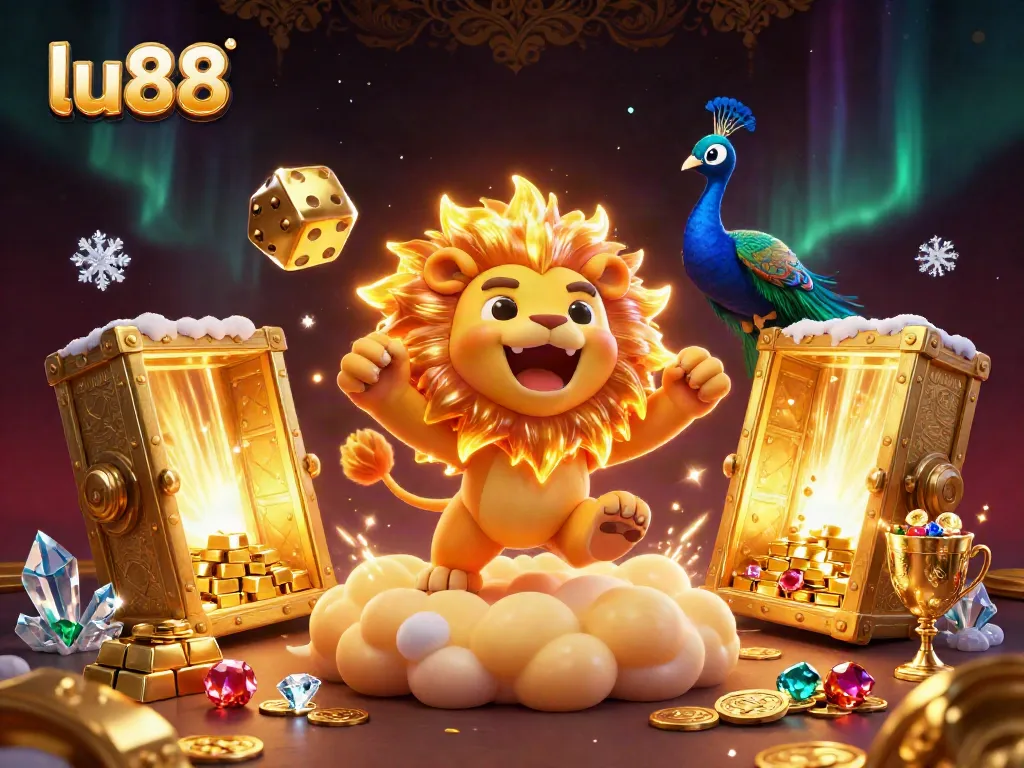 Experience thrilling gaming with lu88's vibrant casino adventures featuring a roaring lion and golden treasures.
