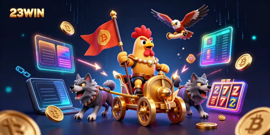Engage in thrilling casino action with 23WIN, where a rooster warlord rides a golden chariot surrounded by exciting gaming elements.