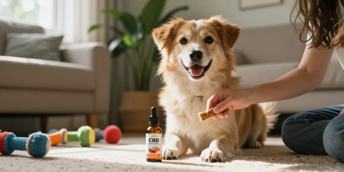 CBDNorth's organic hemp CBD oil for dogs featured alongside a cheerful dog in a cozy home setting.