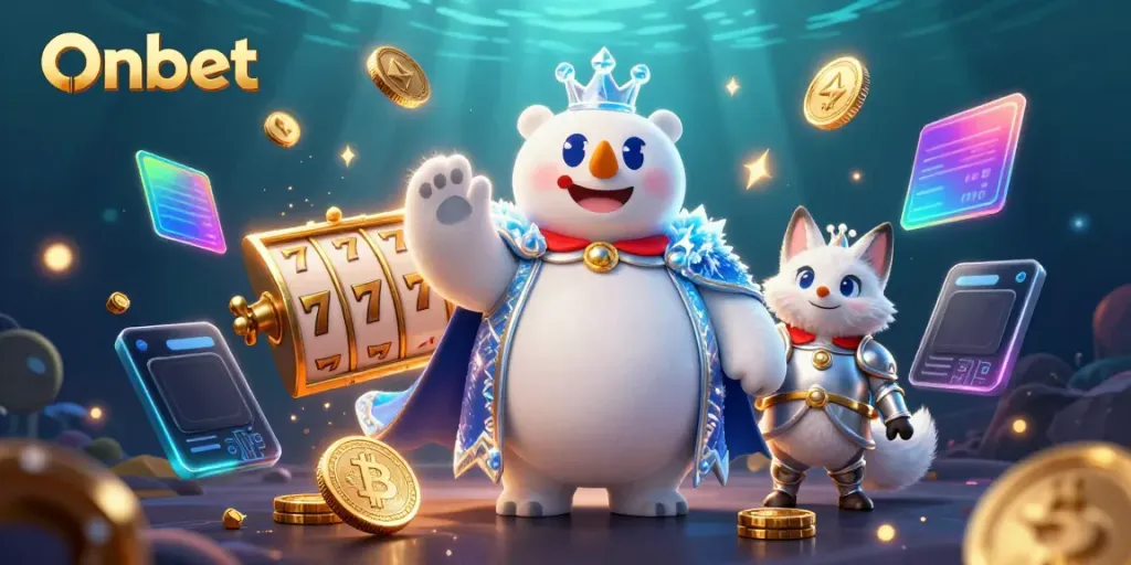 Engage in Onbet's thrilling casino experience with an ice king polar bear and snow fox amidst vibrant slot elements.