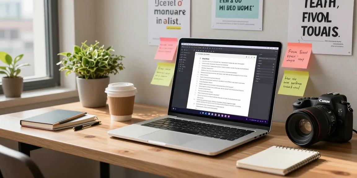 Writer engaged with AI writing tools on a modern workspace, showcasing creativity and technology.