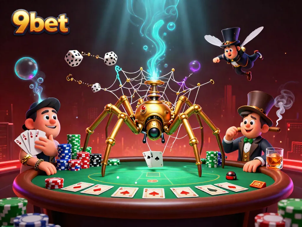 Experience thrilling gameplay at 9bet with captivating casinos and poker elements depicted in a vibrant scene.