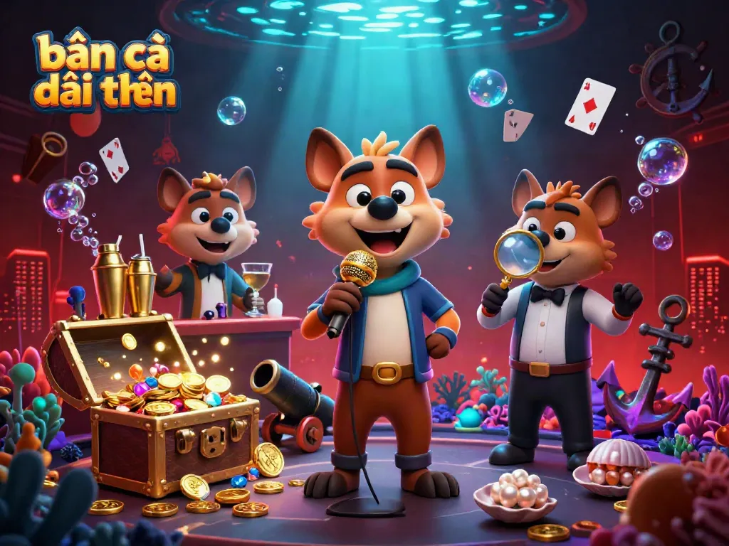 Engage in bắn cá đổi thưởng with lively hyenas in a casino scene, featuring colorful treasures and lively gaming elements.