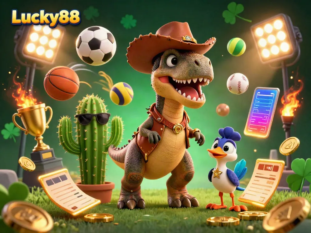 Engage with Lucky88's thrilling gameplay featuring a 3D T-Rex cowboy in a dynamic casino atmosphere.