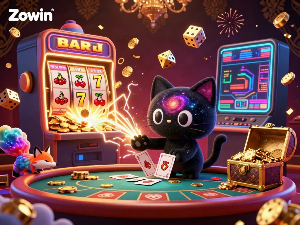 Engage with Zowin's cosmic casino experience featuring a captivating black hole cat graphic.