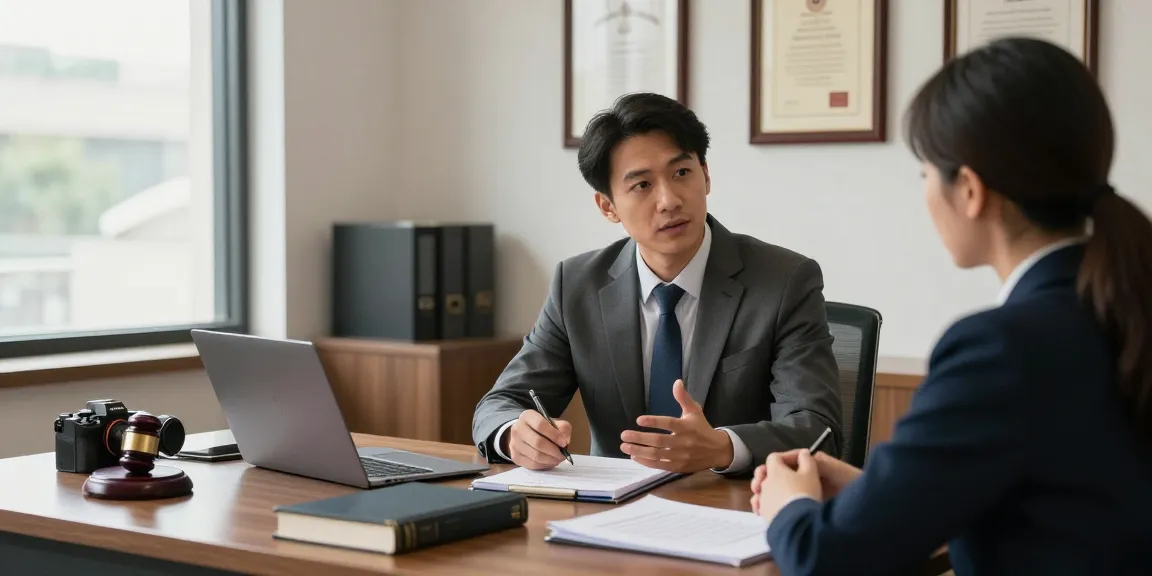 Lawyer consulting a client in a warm office, click for more on legal services.