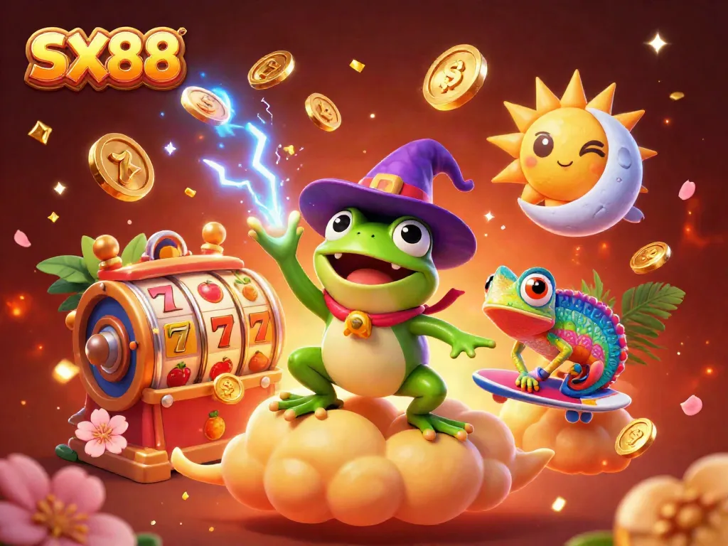 SX88 slots excitement with golden coins and lucky characters creating a thrilling casino atmosphere.