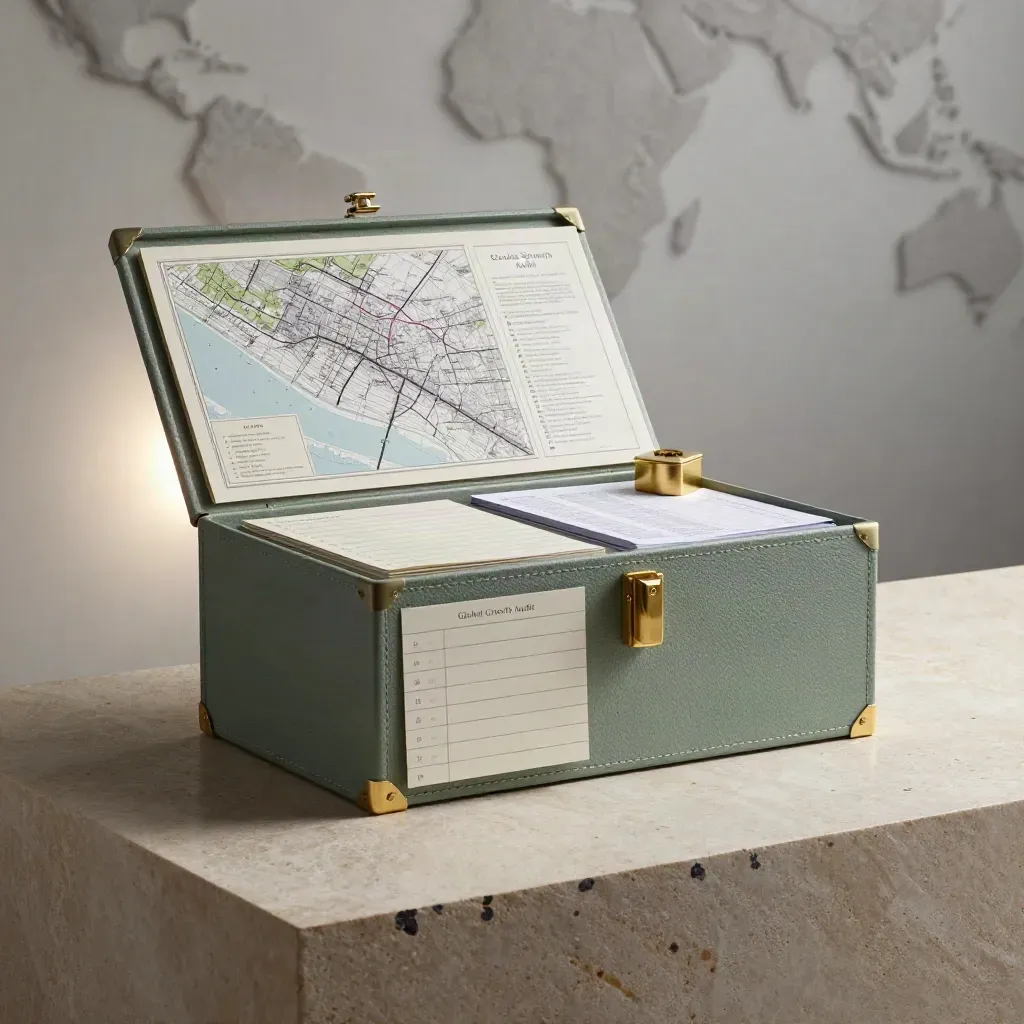 Global Growth Audit portfolio kit on stone plinth with brass weights at blue hour