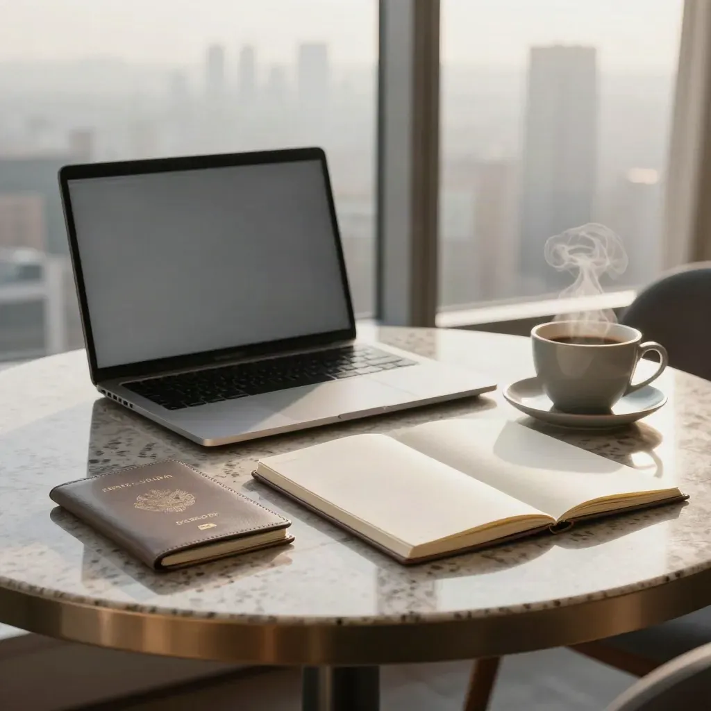 Market-entry folio, laptop and steaming coffee on a hotel window table with city blur.
