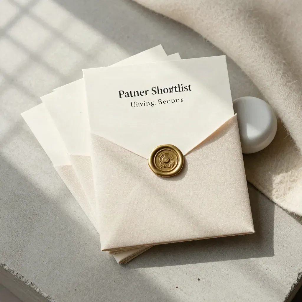 Top-down partner shortlist packet: ivory cards in linen sleeve, brass clasp, wax seal, cream wool.