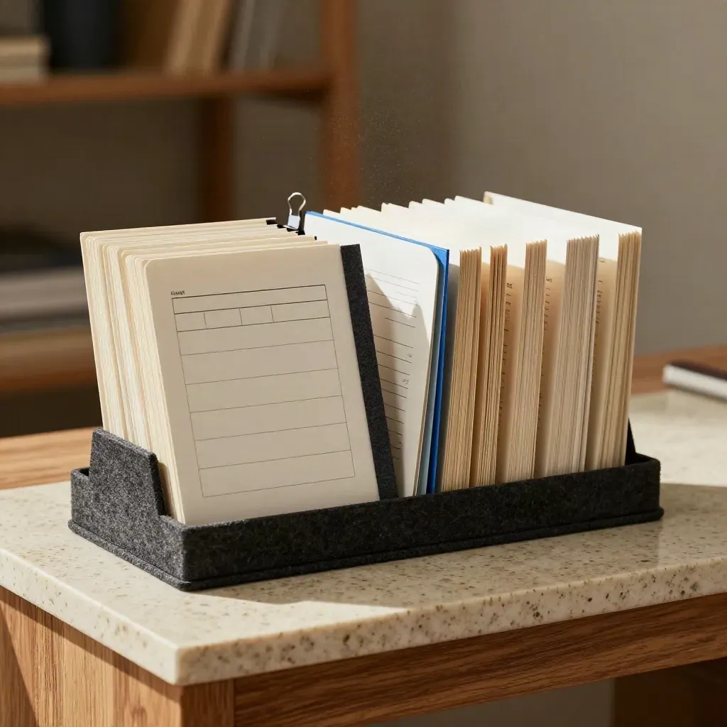 Upright operations folio with staggered cards and clips on travertine, premium consultancy still life.