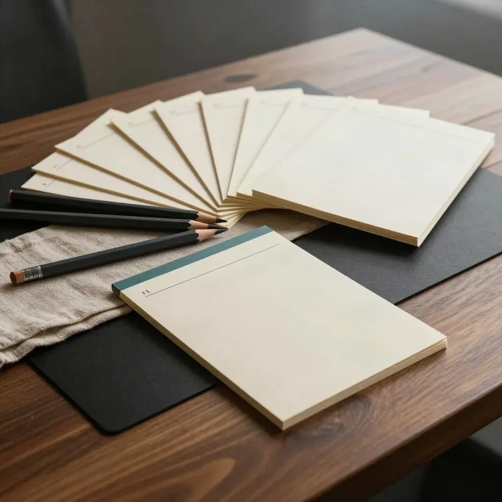 Workshop kit with planning cards, pencils and linen on a dark studio surface