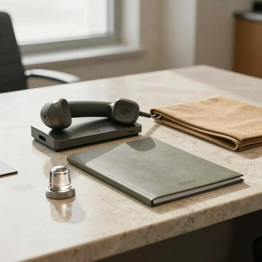 Executive advisory briefing set on travertine with a glowing status light.