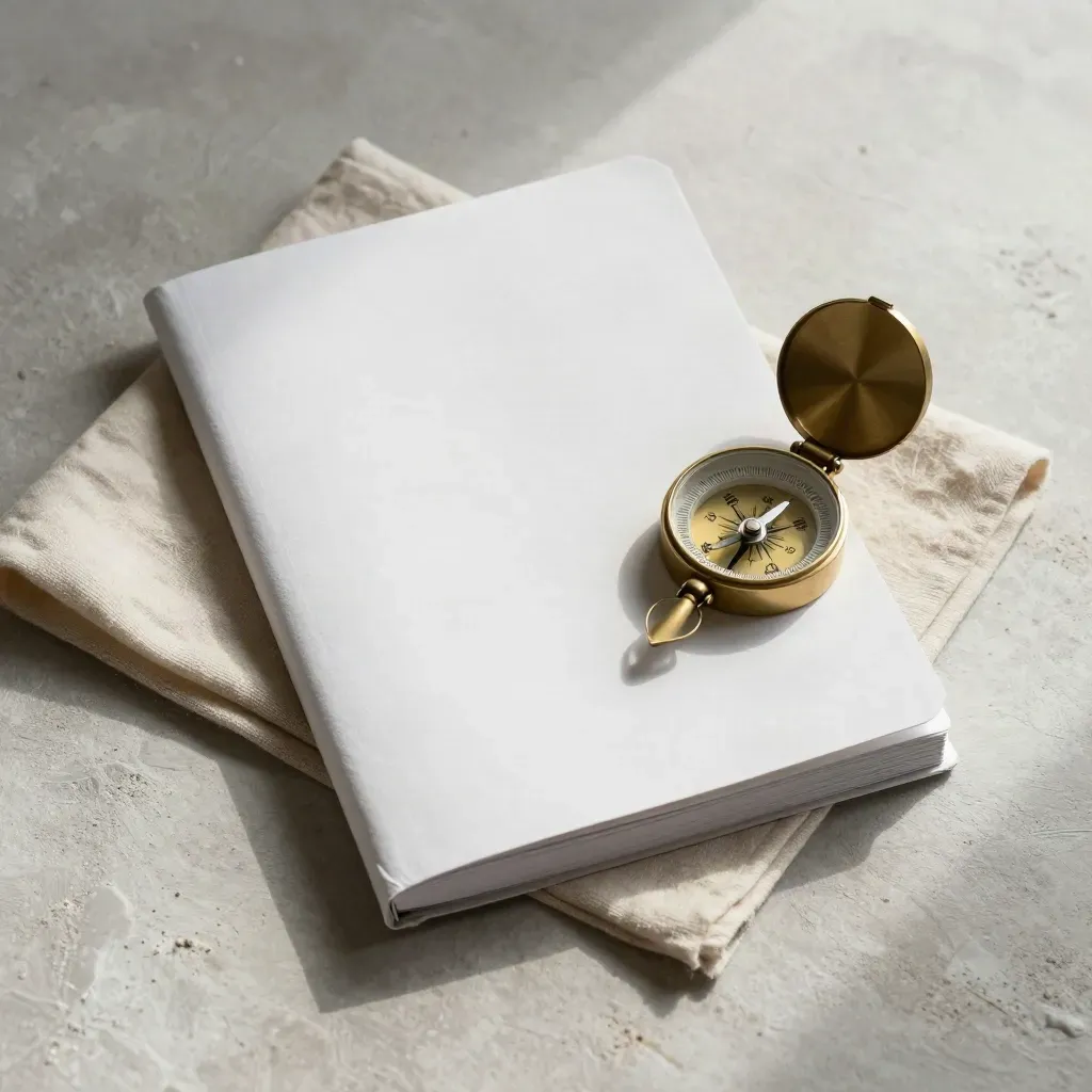 Half-open sector brief booklet with compass on plaster beside folded wool cloth