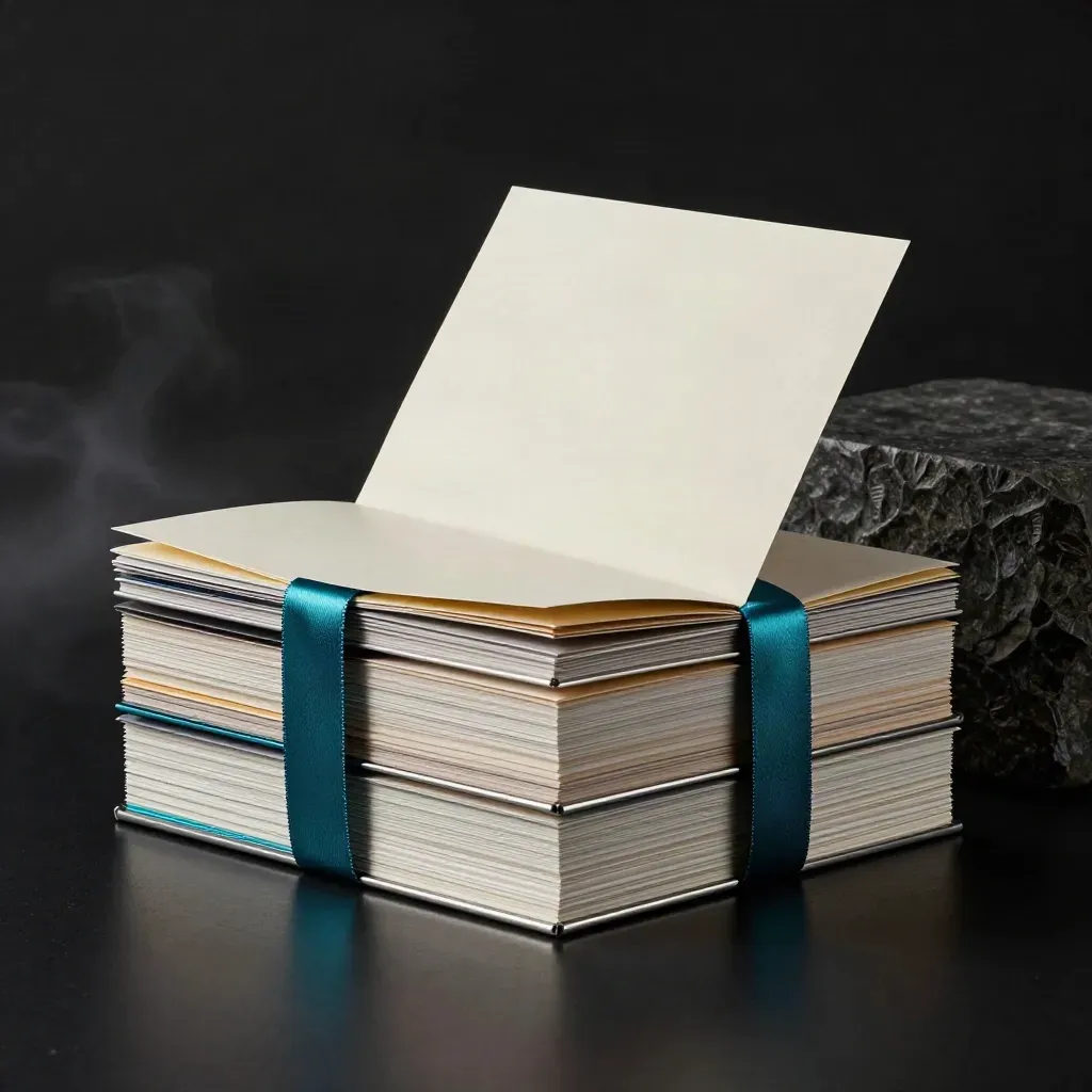 Market-entry bundle stack with teal ribbon and metallic edges on a dark plinth