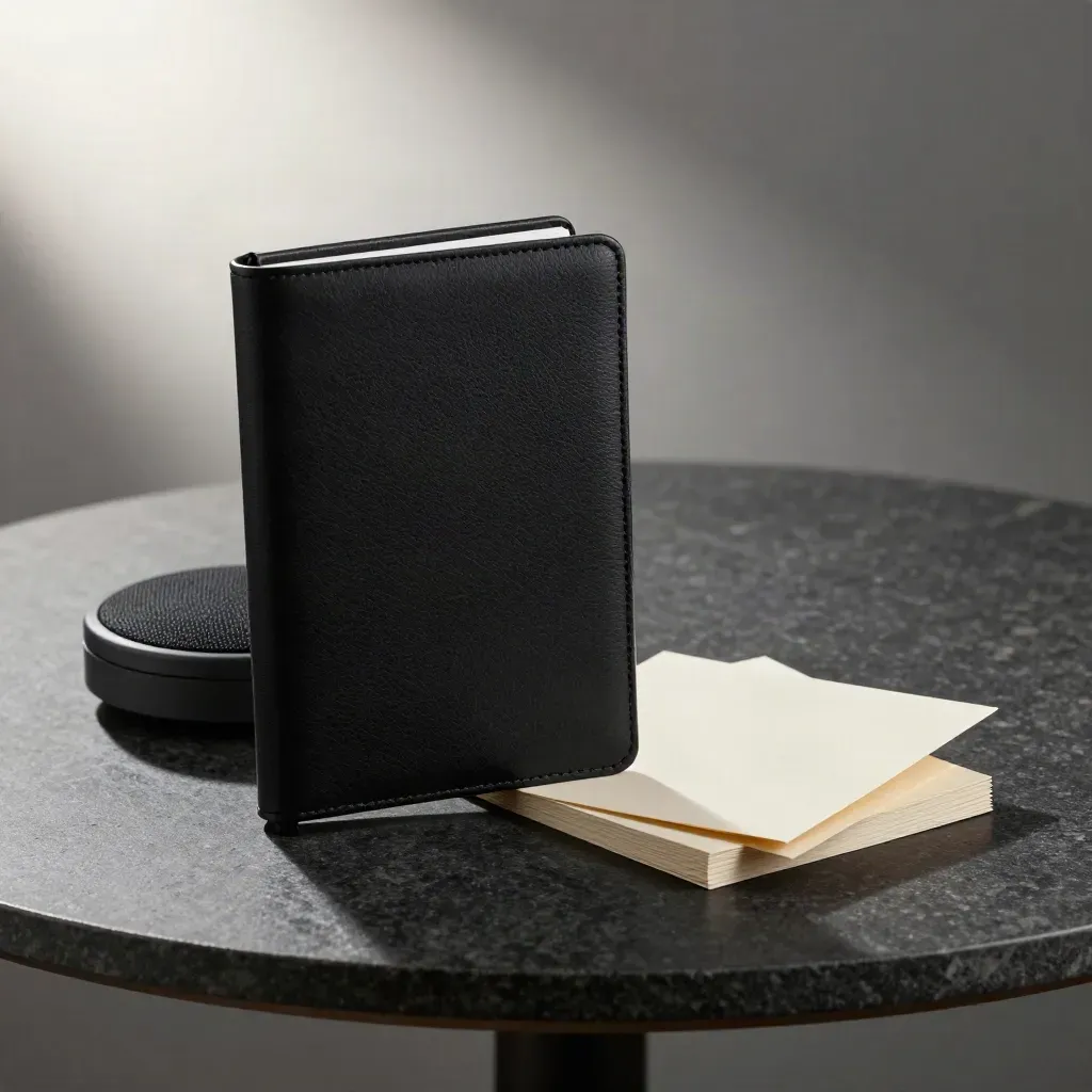 Advisory kit with black notebook, speaker puck and folded cards on dark stone.