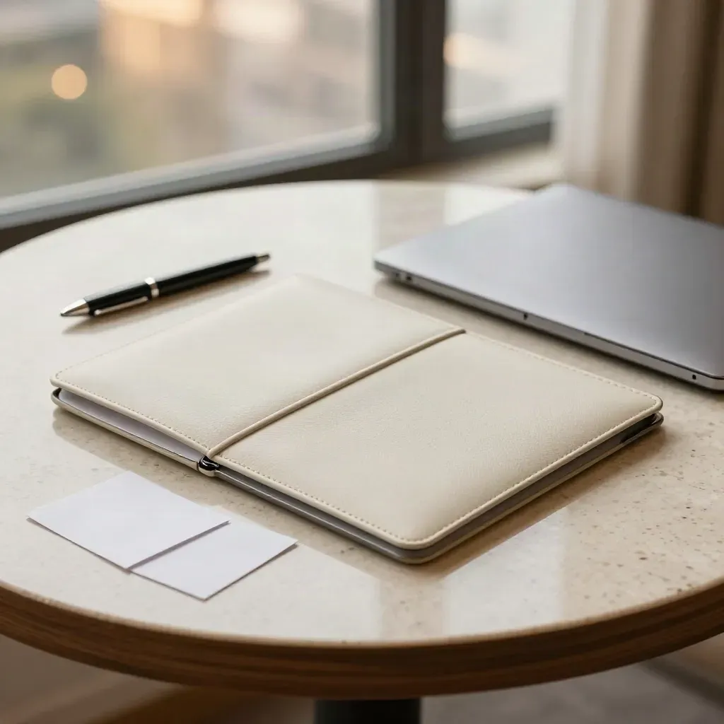 Hotel table with open presentation sleeve, closed laptop, felt pen and blank cue cards by window light.