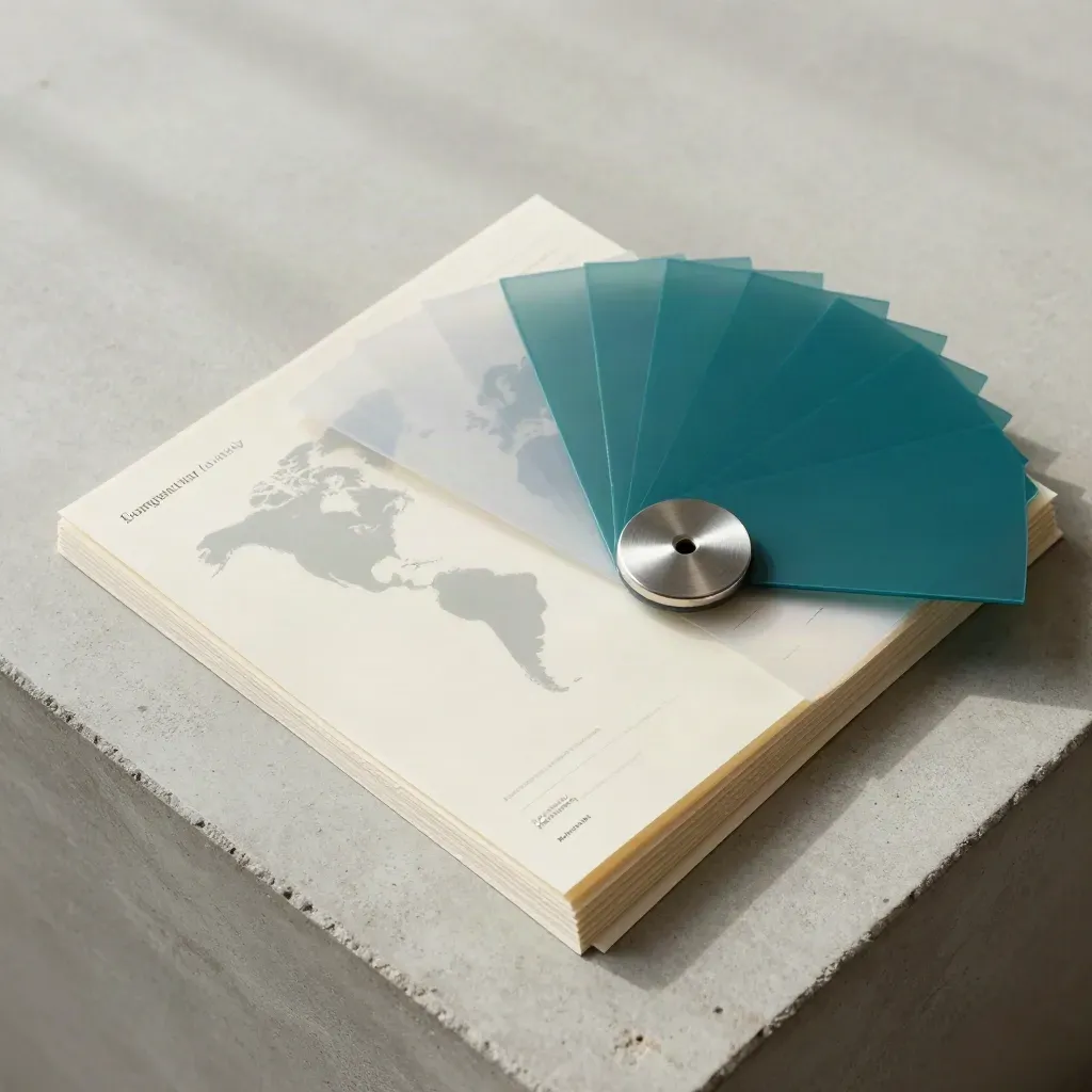Overhead folio flatlay with translucent overlays, folded sheets, teal divider and steel weight.
