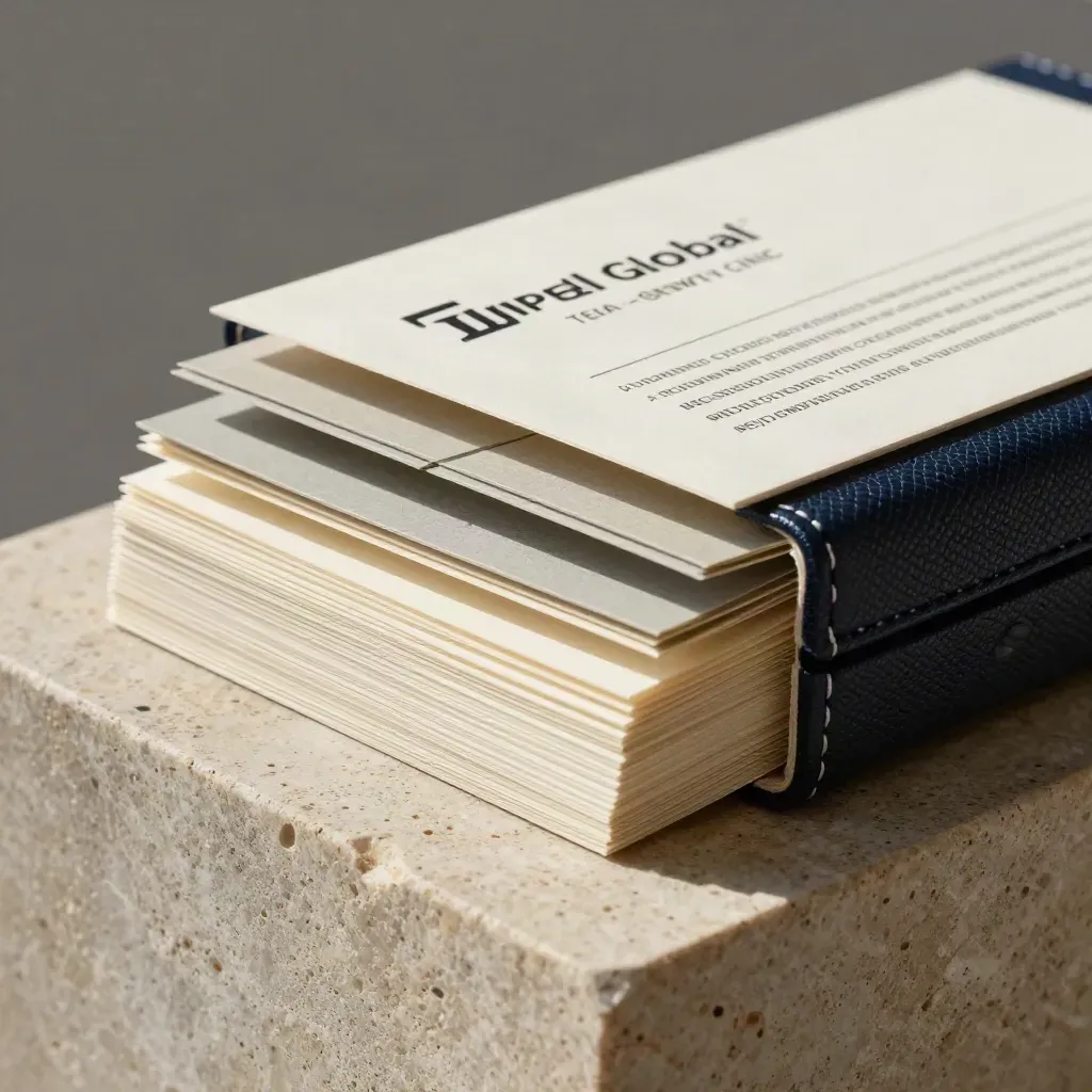 Macro of layered workshop materials with linen, card stock and textured case in navy and limestone tones.