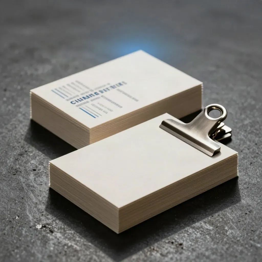 Dark product shot of a consultancy partner pack: cards, sleeve and metal clip on rough concrete