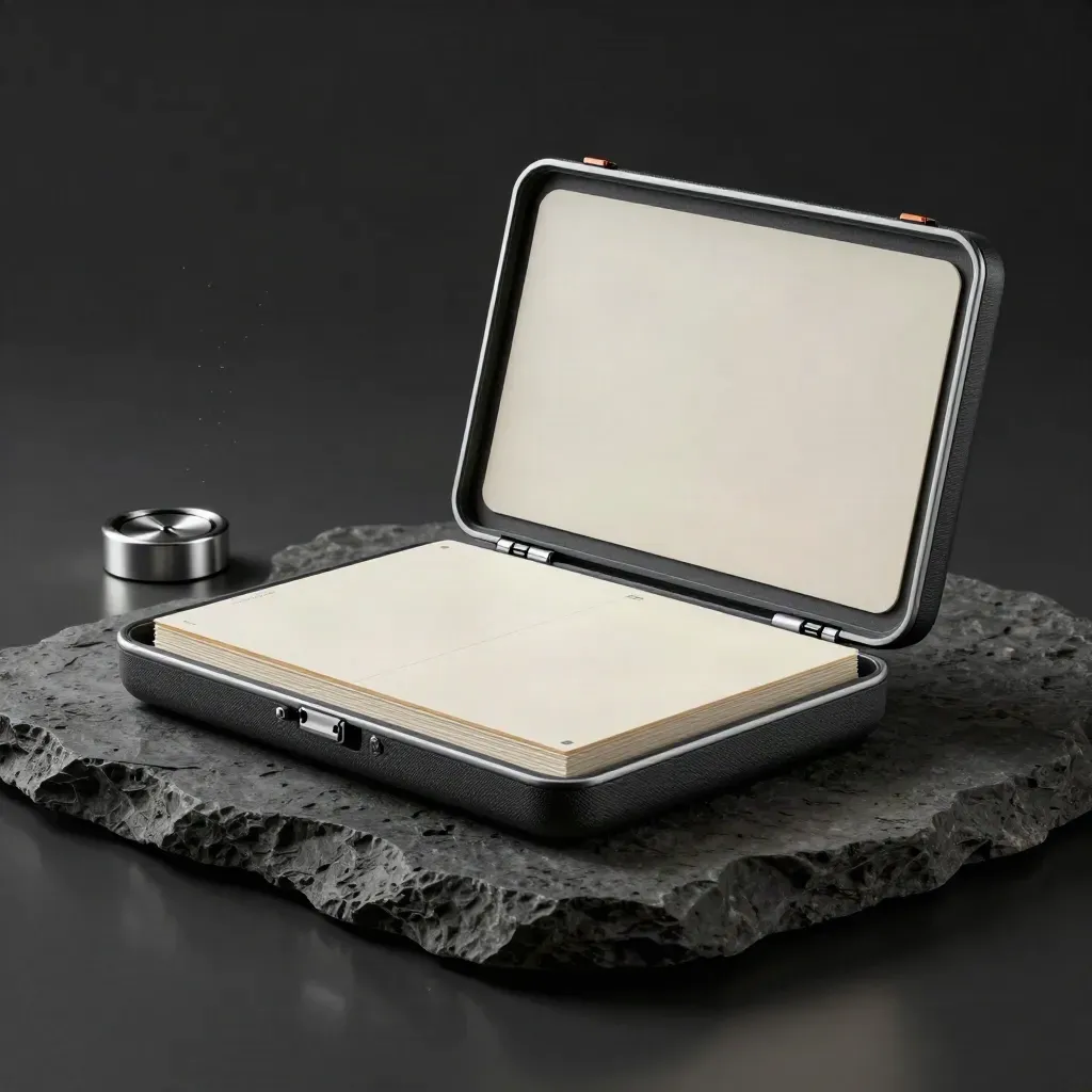 Open consultancy toolkit with inserts and a steel paperweight on dark stone, lit dramatically.