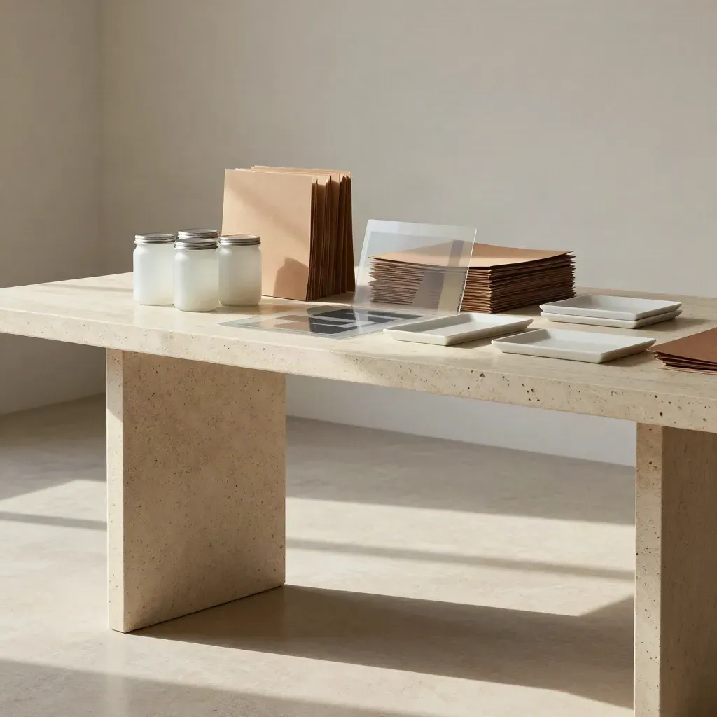 Travertine studio table with frosted jars and neutral strategy folders under warm light.