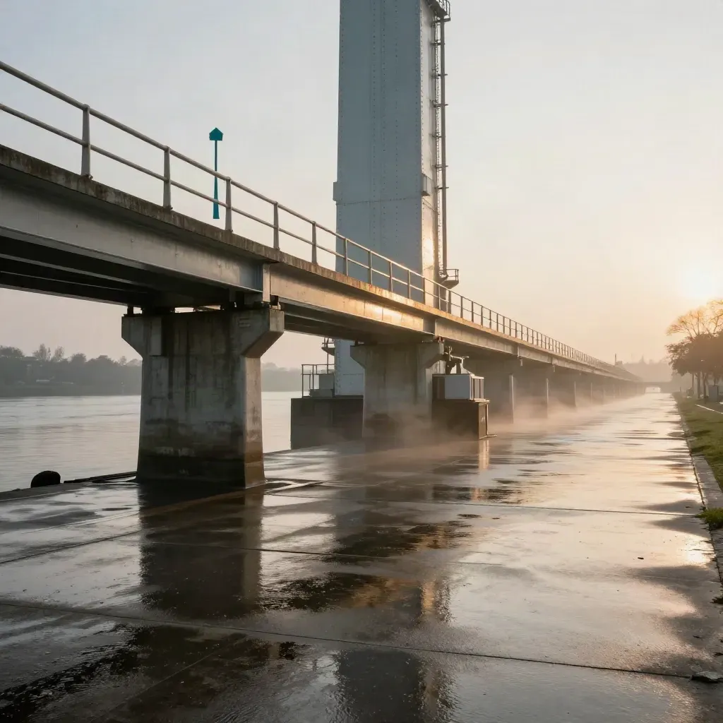 Rainy industrial riverside walkway at golden hour with steel gantries and wet reflective pavement.