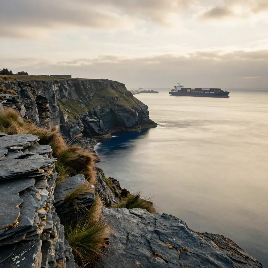 Windy coastal headland above a harbour channel with ships, sea haze, and open sky.