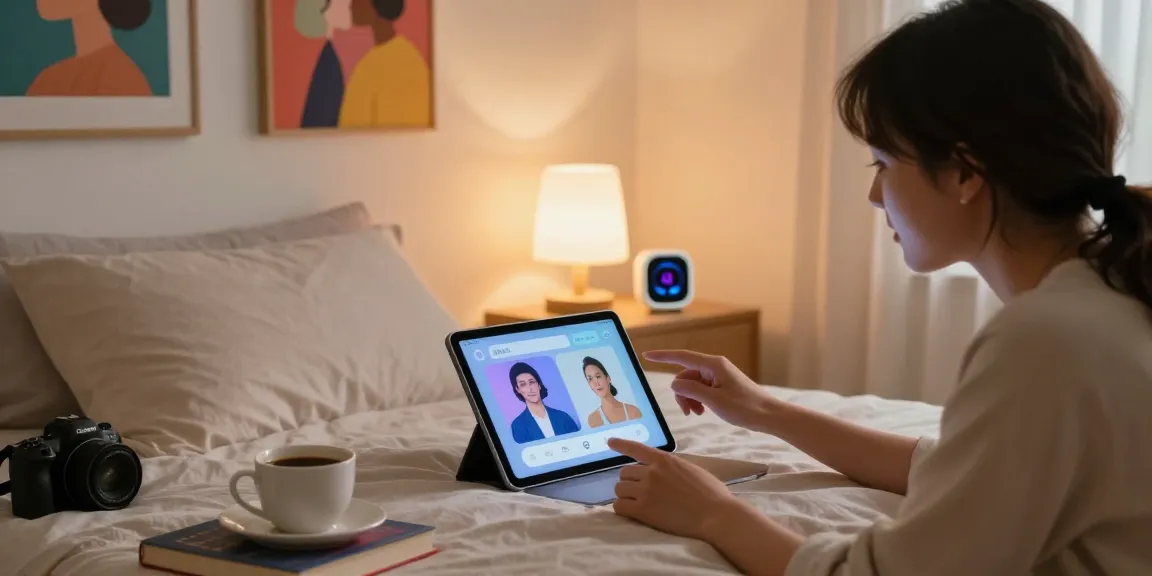 Couple exploring AI sex technology in a modern bedroom, showcasing intimacy and innovation.