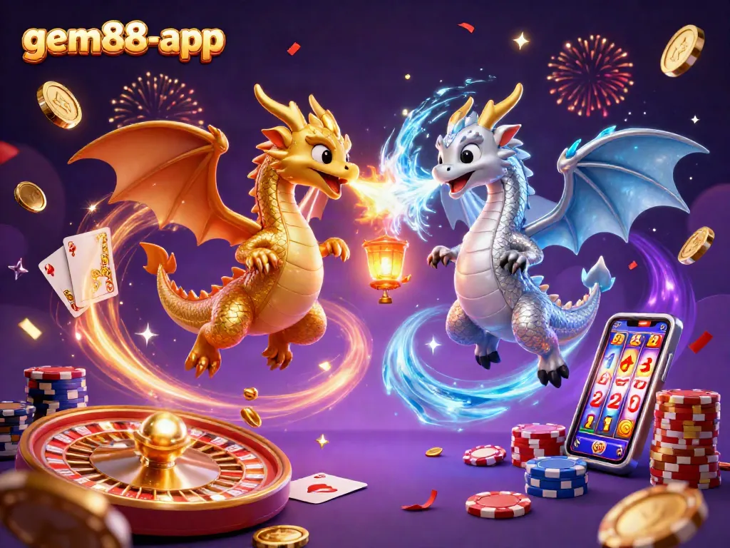 Experience the excitement of gem88-app with vibrant dragons and casino game elements in a dynamic 3D illustration.