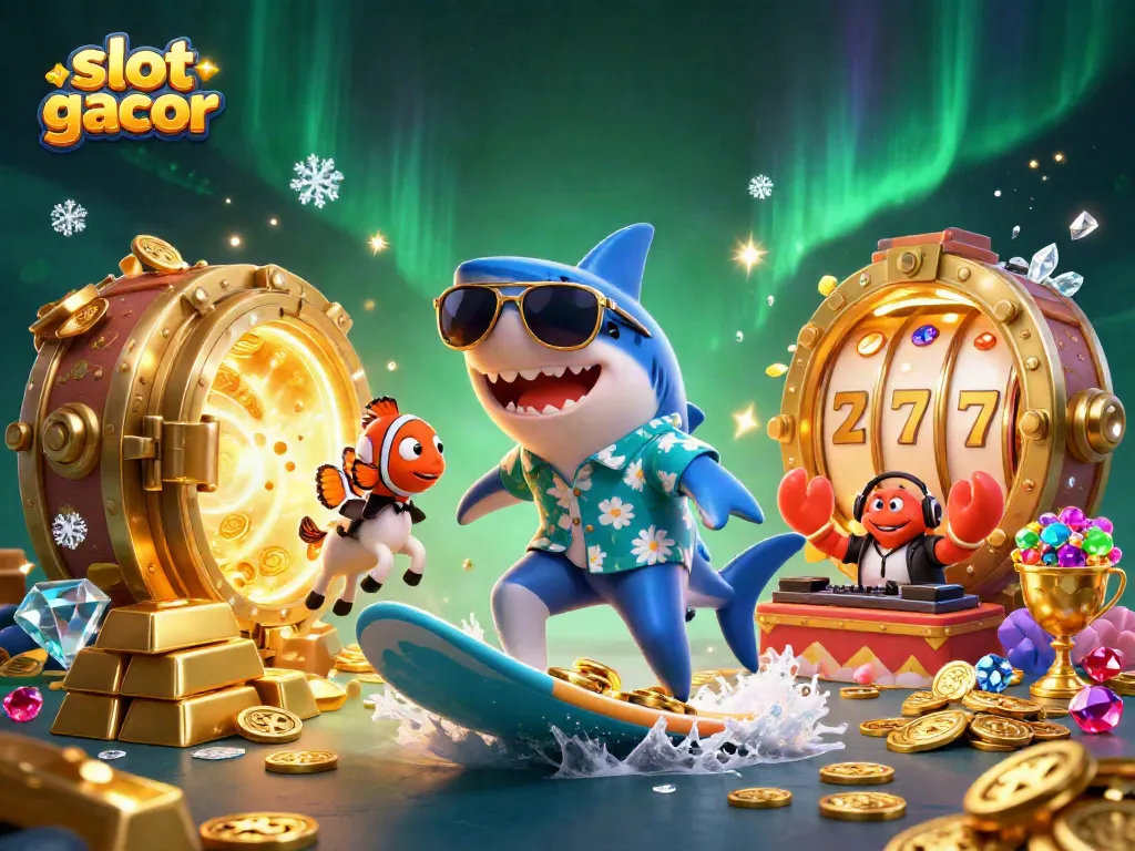 Experience the thrill of slot gacor with a vibrant 3D illustration featuring animated sea characters and gold.