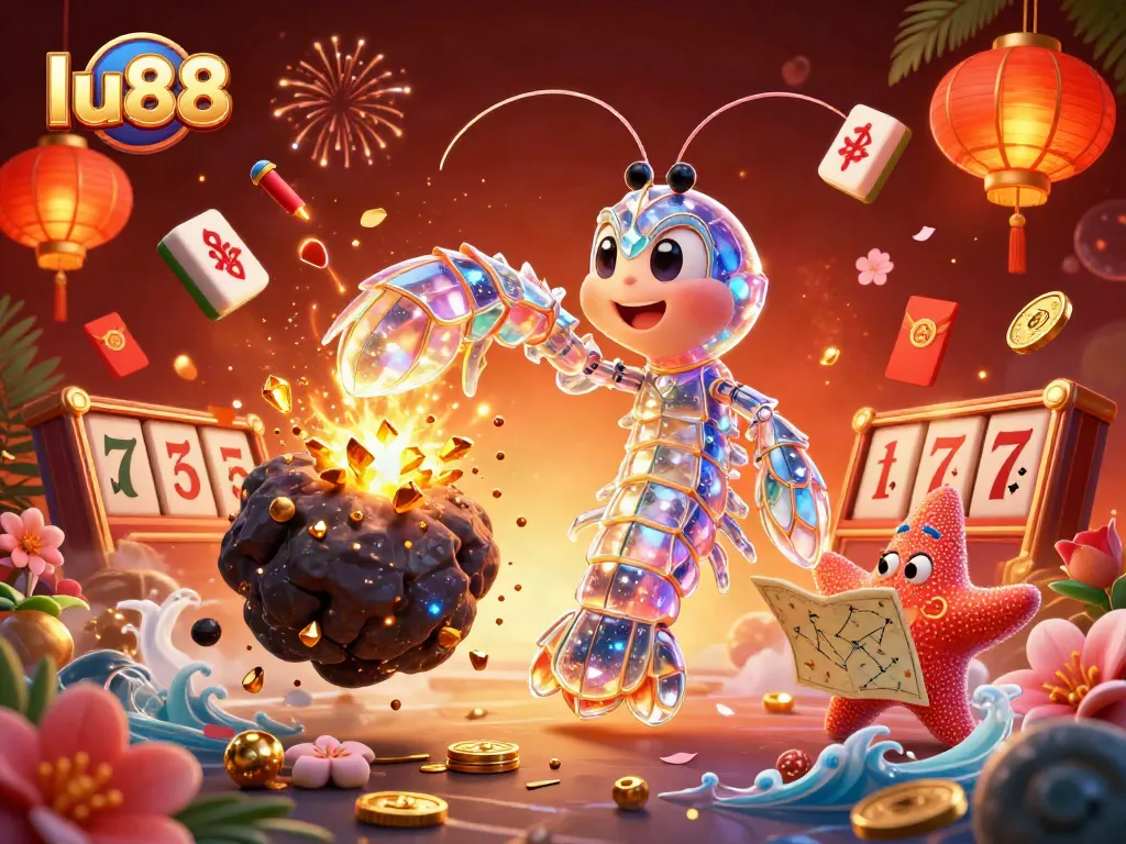 Experience winning with LU88's vibrant 3D illustration featuring a galactic mantis shrimp in an explosive casino scene.