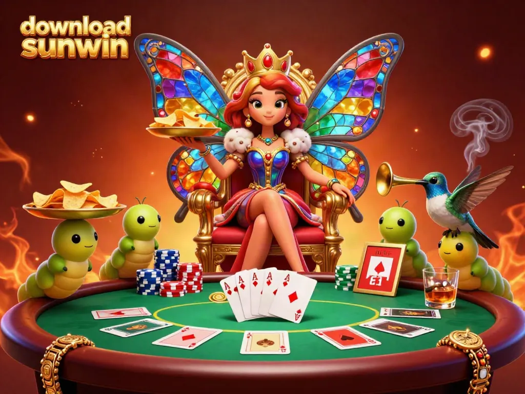 Experience the thrill of gaming with download sunwin in this vibrant 3D casino scene featuring a butterfly queen.