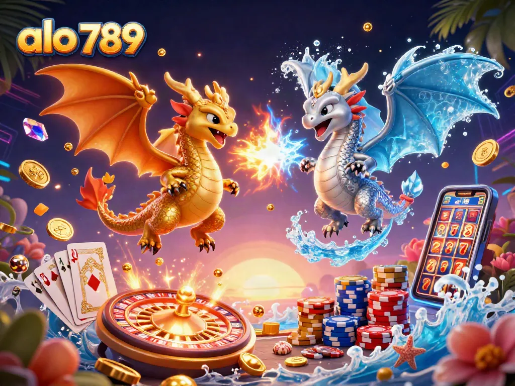 Experience thrilling gaming with ALO 789, featuring vibrant dragons, coins, and casino elements.