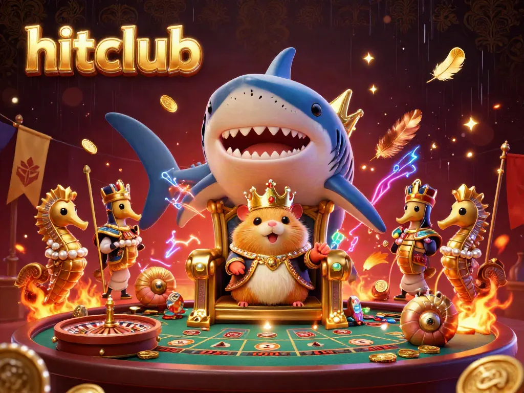 Hitclub's golden hamster king oversees a vibrant casino scene filled with games, betting tokens, and sparkling effects.