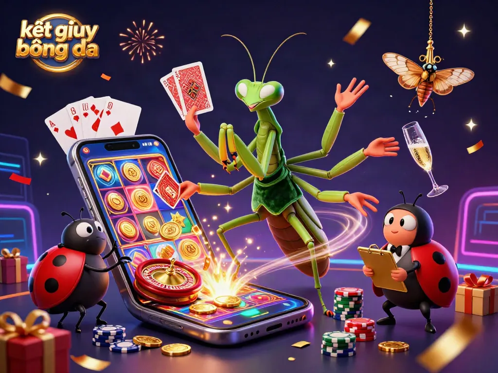 Experience kết quả bóng đá in a dynamic 3D scene with vibrant casino elements and cheerful characters.